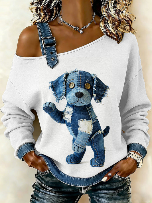 Cão Vintage Patchwork impressão Casual Off-ombro moletom feminino