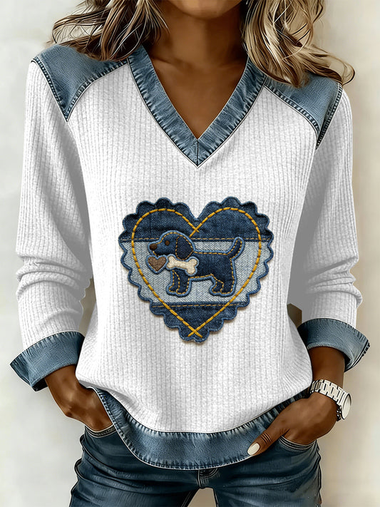 Vintage cão Patchwork impressão Casual v-Neck moletom feminino