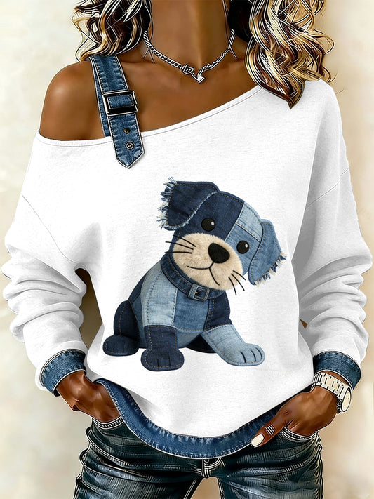 Cão Vintage Patchwork impressão Casual Off-ombro moletom feminino