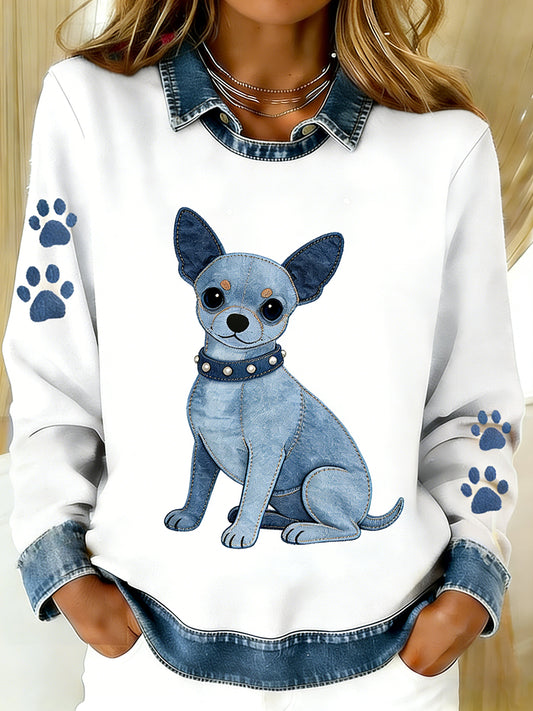 Vintage Denim Patchwork Top feminino com Animal Art Print, casual e confortável