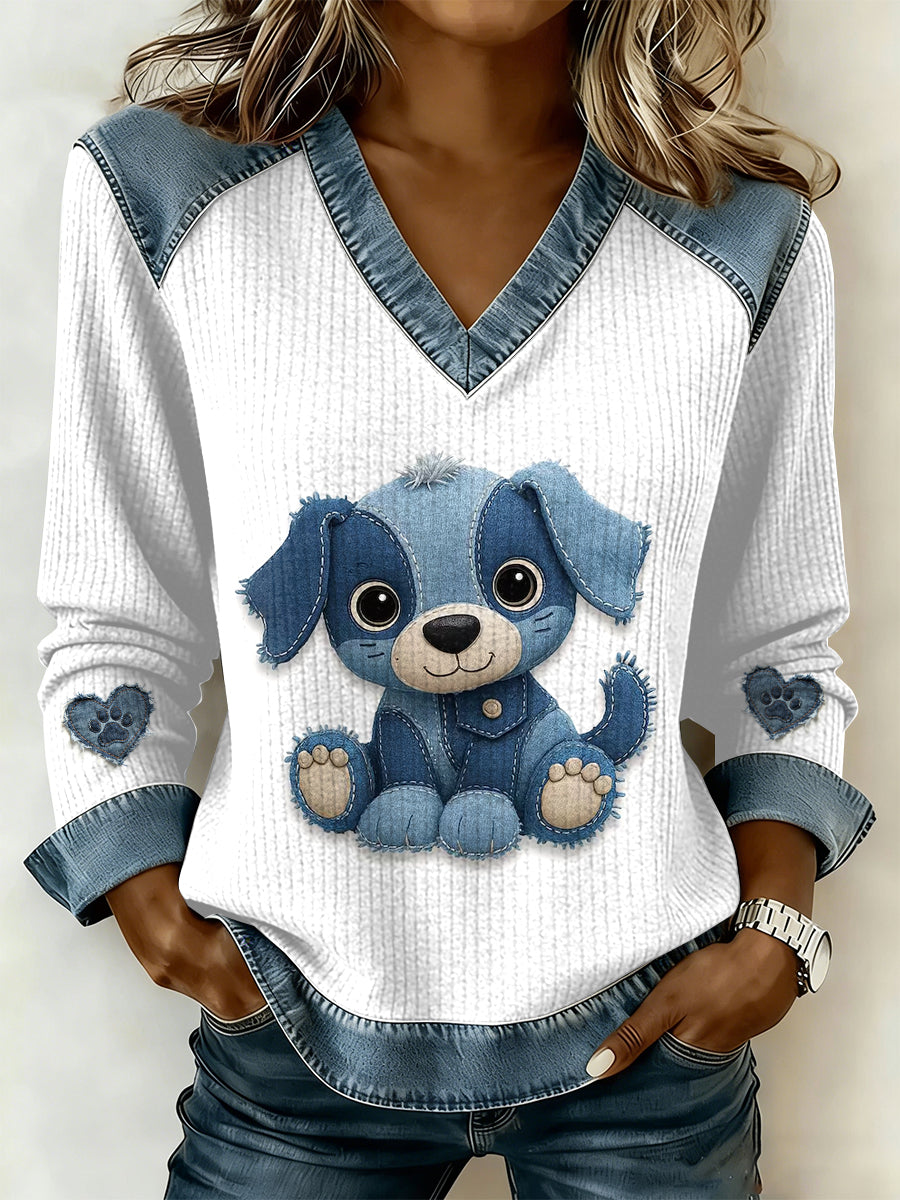 Vintage cão Patchwork impressão Casual v-Neck moletom feminino