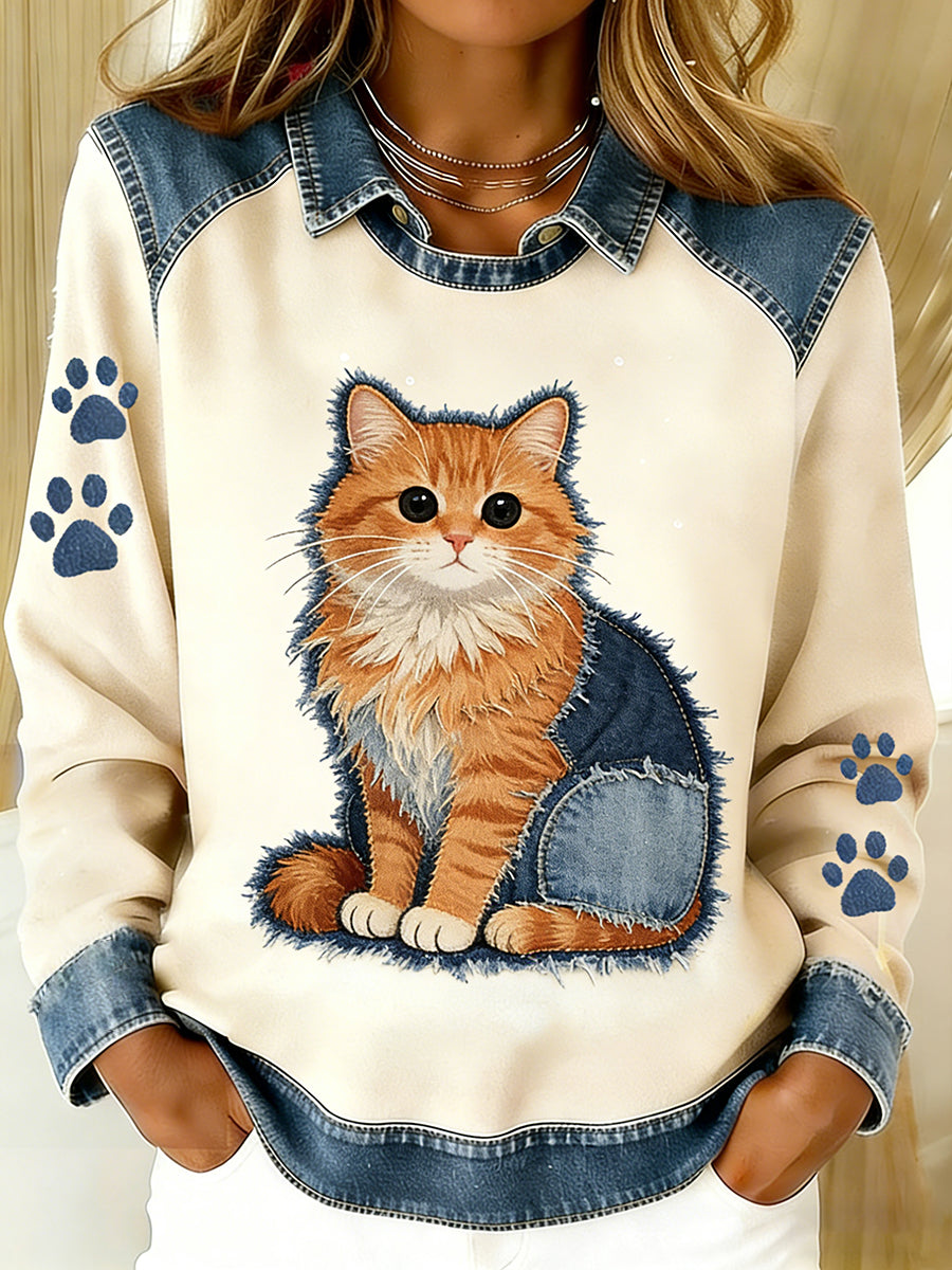 Vintage Denim Patchwork Top feminino com Animal Art Print, casual e confortável