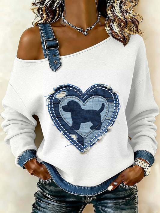 Cão Vintage Patchwork impressão Casual Off-ombro moletom feminino