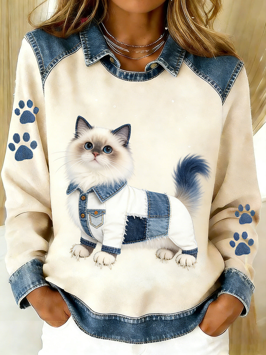 Vintage Denim Patchwork Top feminino com Animal Art Print, casual e confortável