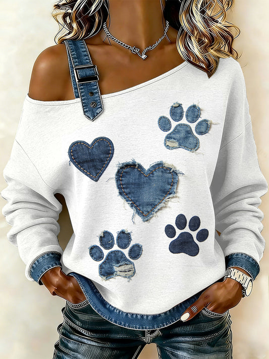 Cachorro Vintage pata patchwork feminino imprimir moletom Off-ombro Casual