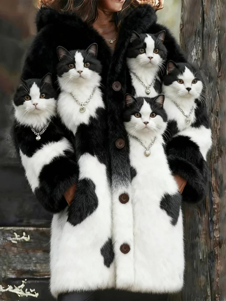 Animal gato das mulheres imprimir flanela casaco quente