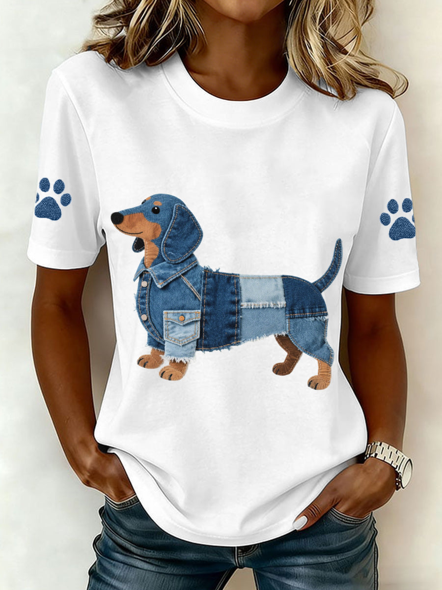 Denim Patchwork arte Dachshund padrão t-shirt do mulheres
