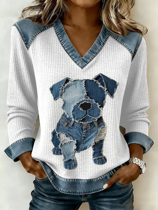 Vintage cão Patchwork impressão Casual v-Neck moletom feminino