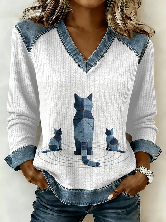 Gato Vintage Patchwork impressão Casual camisola v-Neck feminino