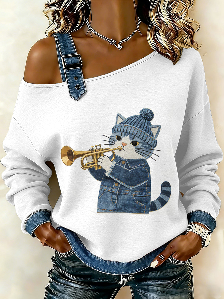 Gato Vintage Patchwork impressão Casual Off-ombro moletom feminino