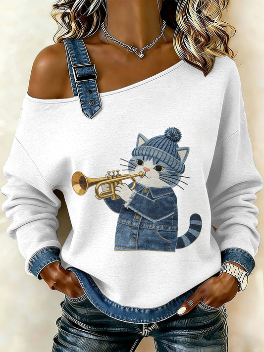 Gato Vintage Patchwork impressão Casual Off-ombro moletom feminino