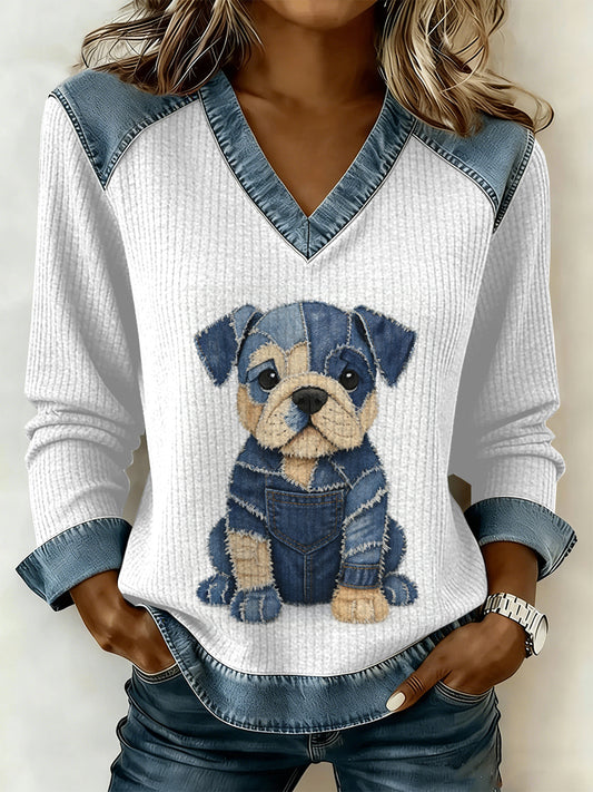 Vintage cão Patchwork impressão Casual v-Neck moletom feminino