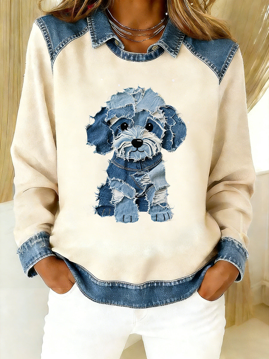 Vintage Denim Patchwork Top feminino com Animal Art Print, casual e confortável