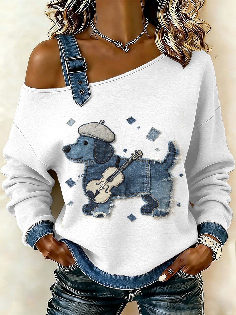 Cão Vintage Patchwork impressão Casual Off-ombro moletom feminino
