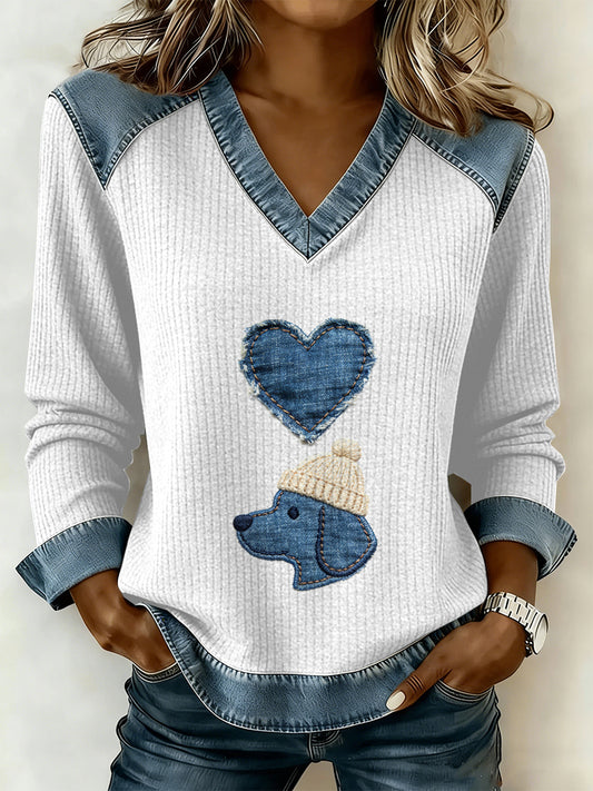 Vintage cão Patchwork impressão Casual v-Neck moletom feminino
