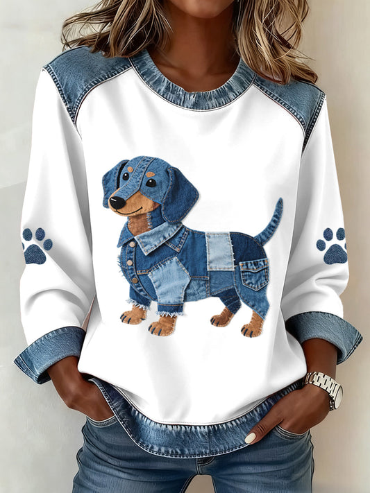Adorável Dachshund padrão Denim Patchwork moletom das mulheres