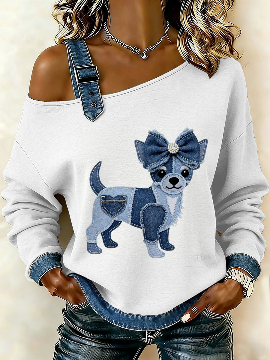 Cão Vintage Patchwork impressão Casual Off-ombro moletom feminino