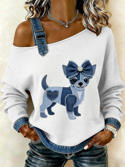 Cão Vintage Patchwork impressão Casual Off-ombro moletom feminino