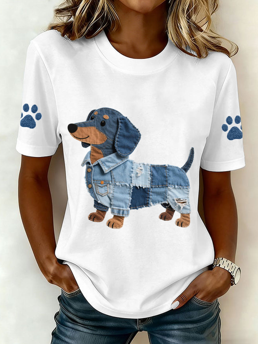 Denim Patchwork arte Dachshund padrão t-shirt do mulheres
