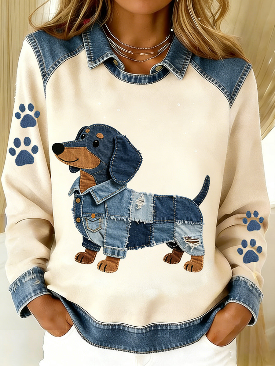 Vintage Denim Patchwork Top feminino com Animal Art Print, casual e confortável