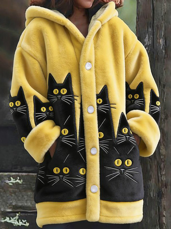 Animal gato das mulheres imprimir flanela casaco quente