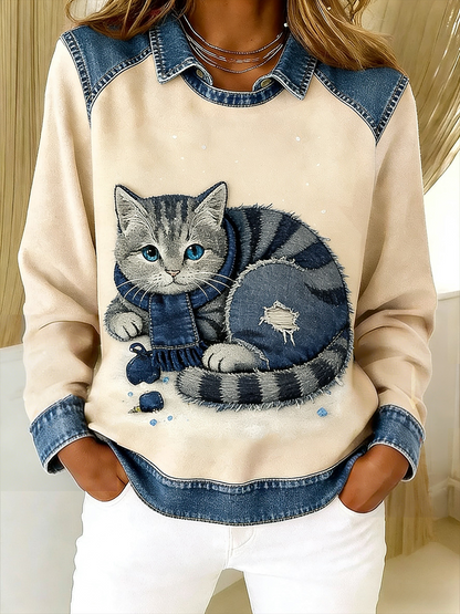Retro Bonito Gato Denim Lenço Patchwork Impresso Casual Loose Long Sleeve Lapel Sweatshirt