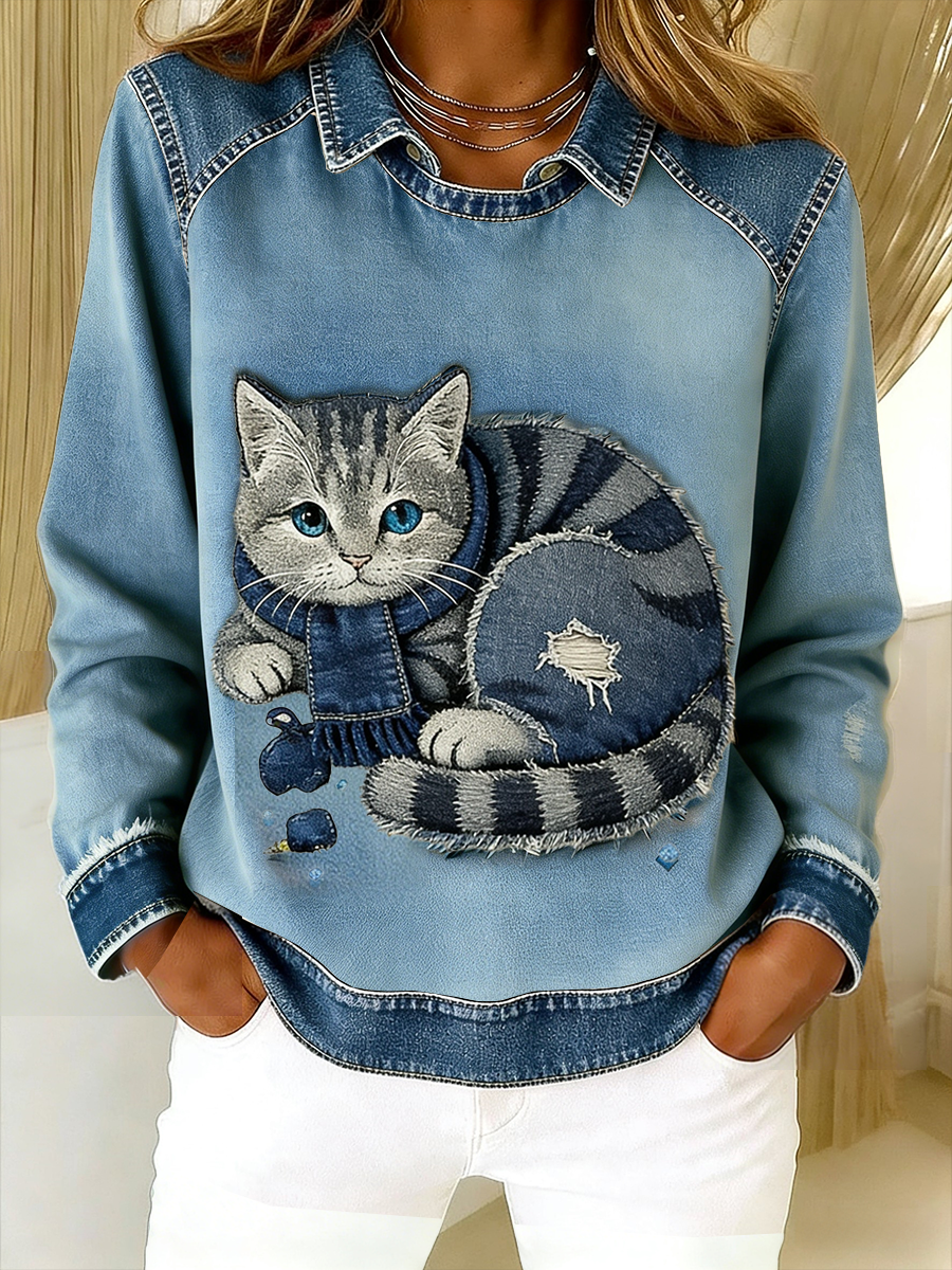 Retro Bonito Gato Denim Lenço Patchwork Impresso Casual Loose Long Sleeve Lapel Sweatshirt