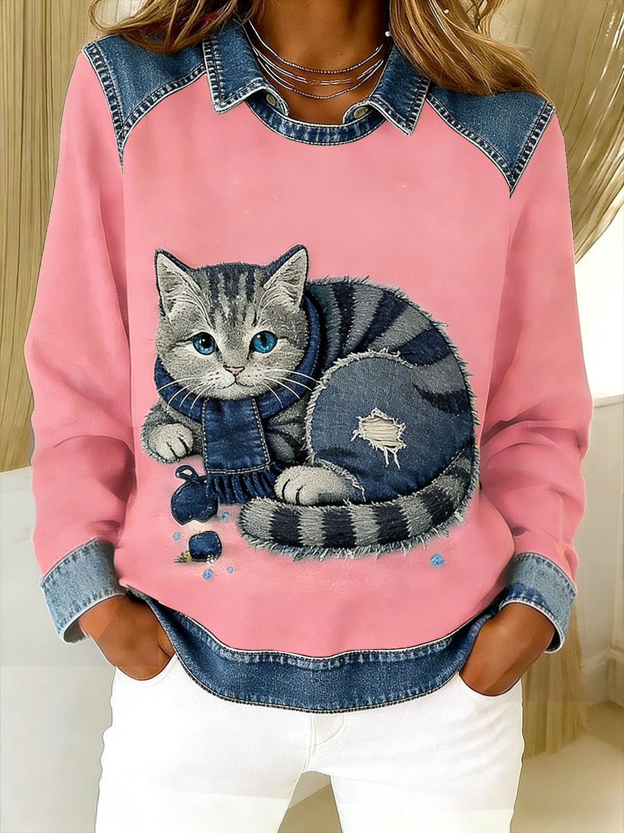 Retro Bonito Gato Denim Lenço Patchwork Impresso Casual Loose Long Sleeve Lapel Sweatshirt