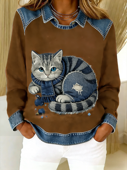 Retro Bonito Gato Denim Lenço Patchwork Impresso Casual Loose Long Sleeve Lapel Sweatshirt