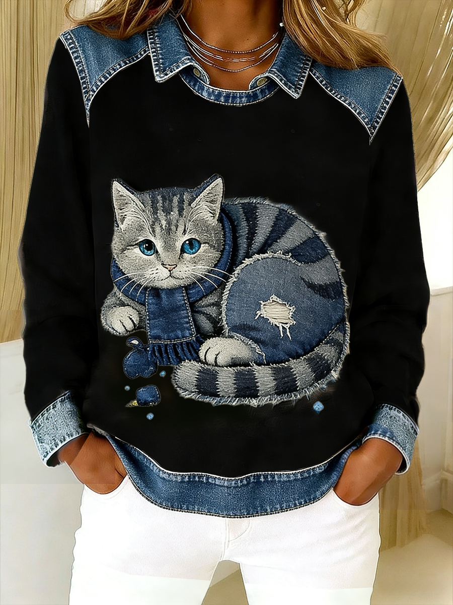 Retro Bonito Gato Denim Lenço Patchwork Impresso Casual Loose Long Sleeve Lapel Sweatshirt
