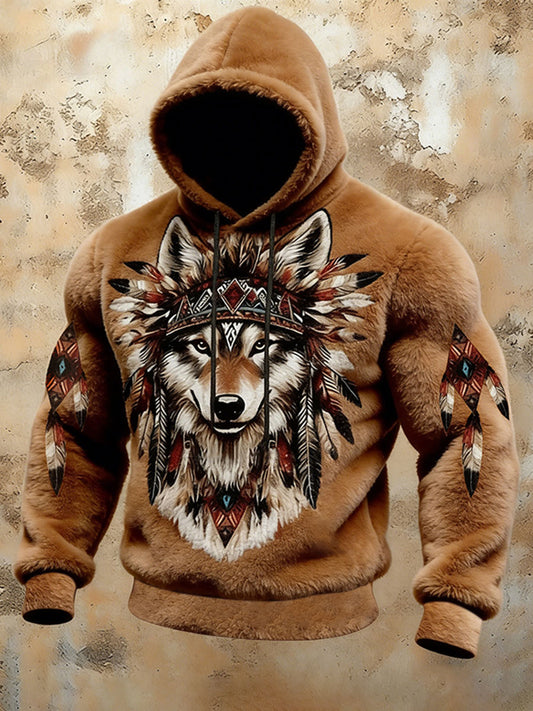 Hoodie de flanela totem lobo ocidental masculino