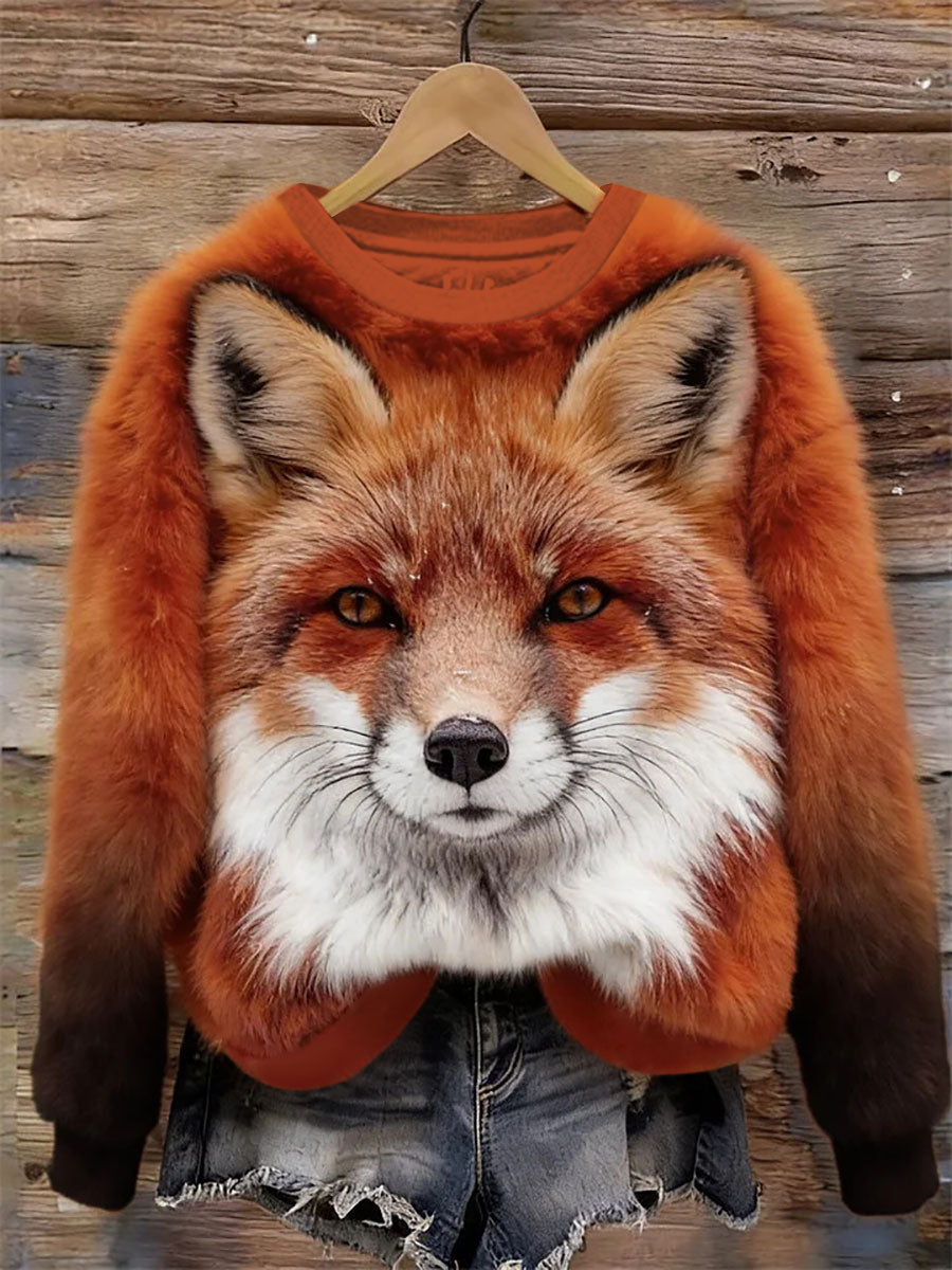 Camisola Casual Fox Art Print das mulheres
