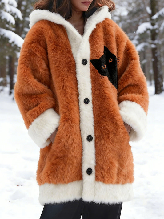 Animal gato das mulheres imprimir flanela casaco quente