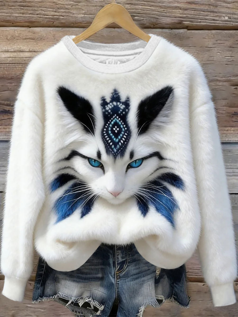 Camisola Casual da impressão arte do gato das mulheres