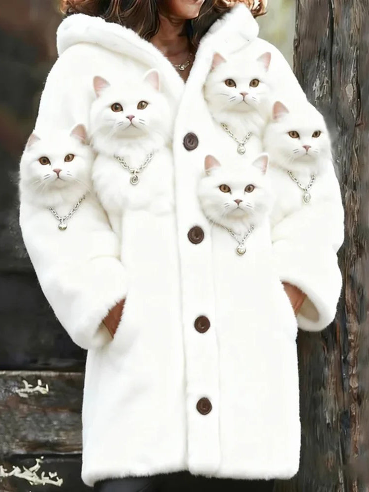 Animal gato das mulheres imprimir flanela casaco quente