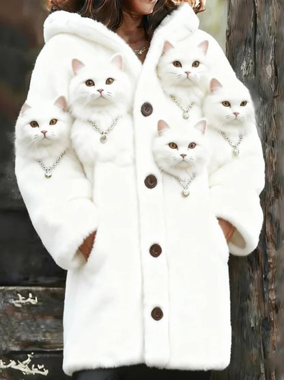 Animal gato das mulheres imprimir flanela casaco quente