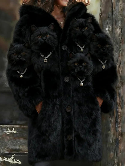 Animal gato das mulheres imprimir flanela casaco quente