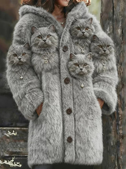 Animal gato das mulheres imprimir flanela casaco quente