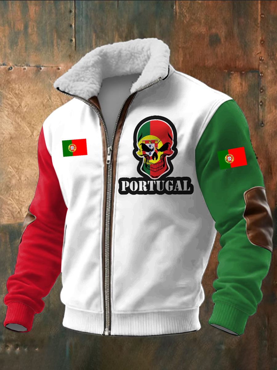 Portugal do homens impresso manga comprida Stand Up Collar Lambhair Zipper Top