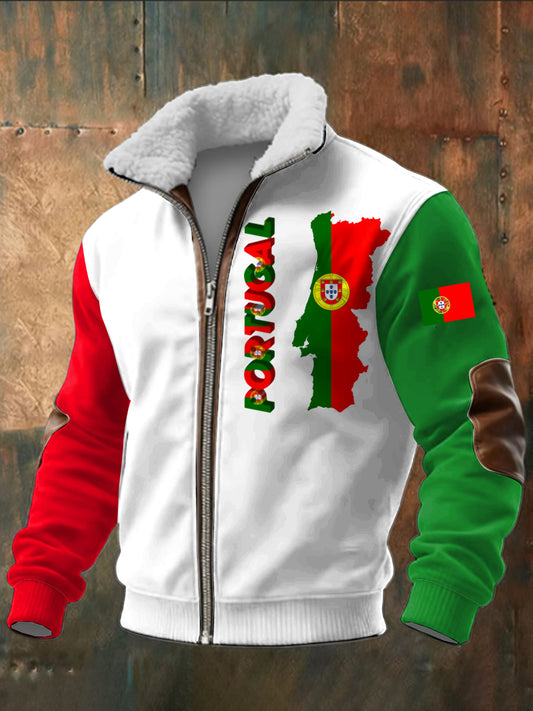Bandeira portuguesa masculina impressa manga comprida Stand Up Collar Lambhair Zipper Top