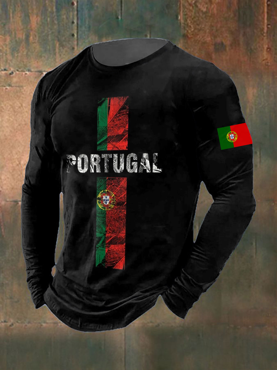 Bandeira portuguesa masculina impressa manga comprida em torno do pescoço t-shirt