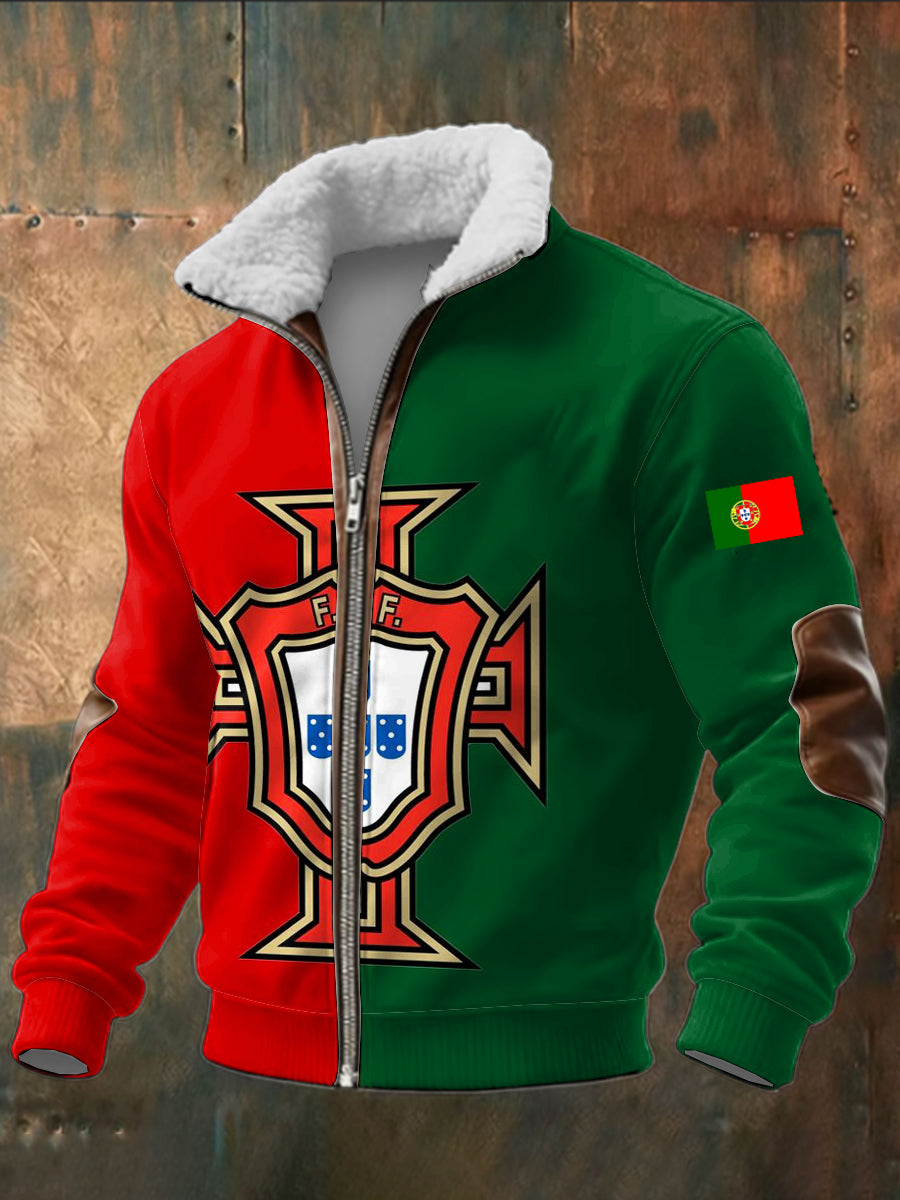 Portugal do homens impresso manga comprida Stand Up Collar Lambhair Zipper Top