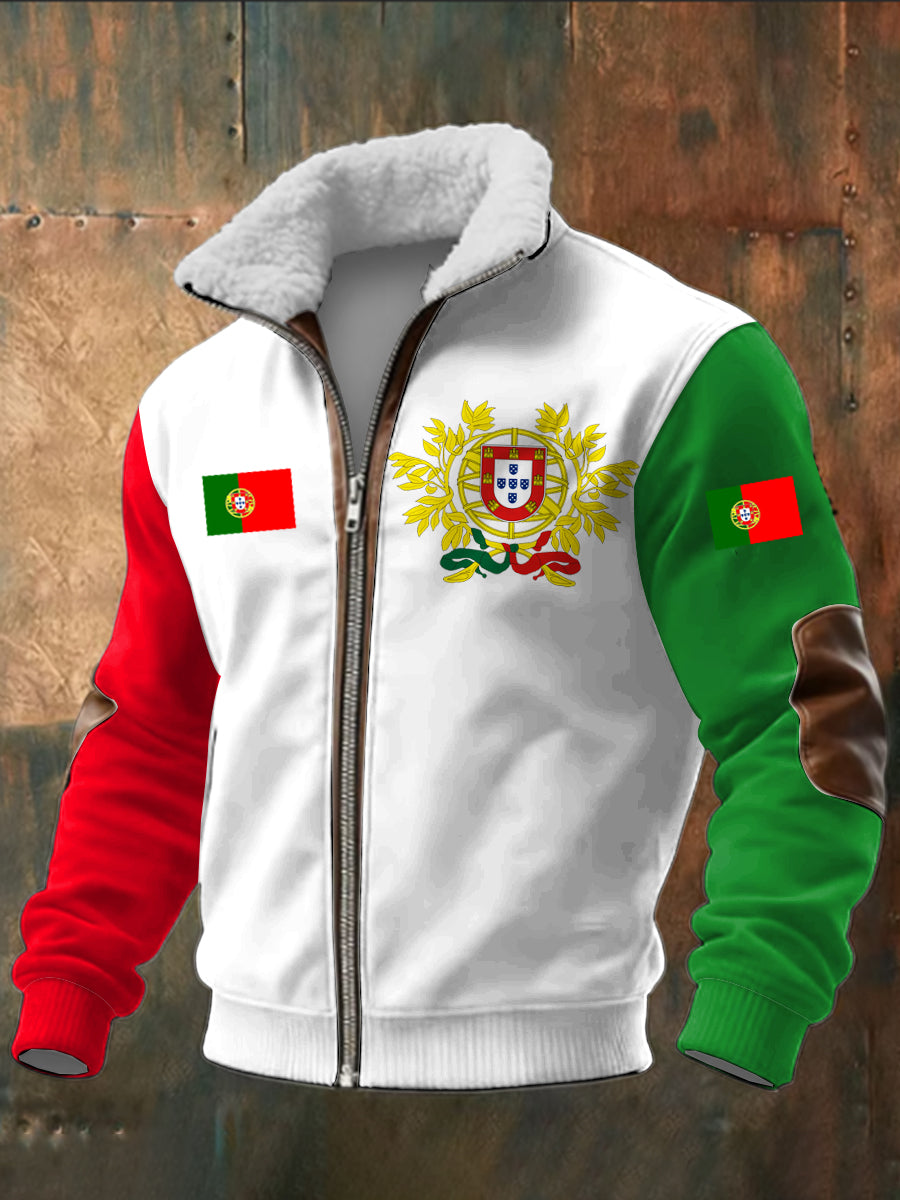 Bandeira portuguesa masculina impressa manga comprida Stand Up Collar Lambhair Zipper Top