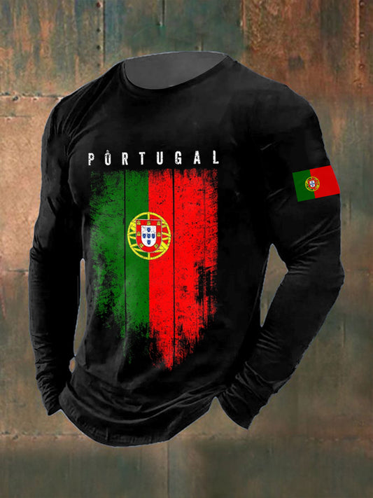Bandeira portuguesa masculina impressa manga comprida em torno do pescoço t-shirt