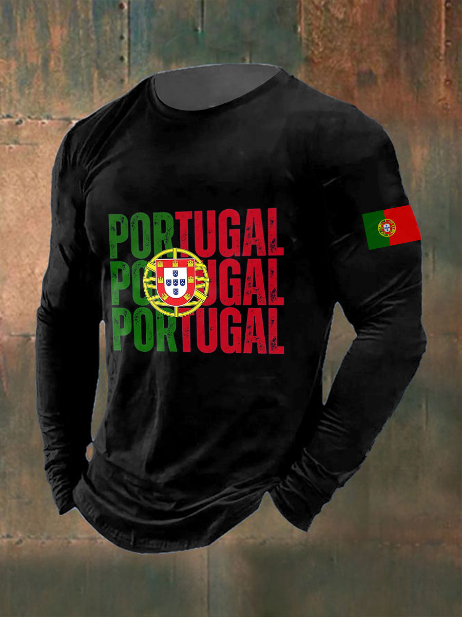 Bandeira portuguesa masculina impressa manga comprida em torno do pescoço t-shirt