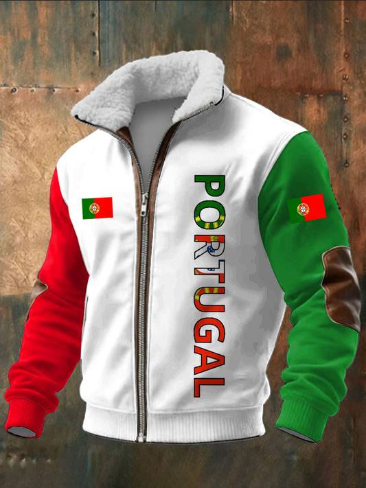 Bandeira portuguesa masculina impressa manga comprida Stand Up Collar Lambhair Zipper Top