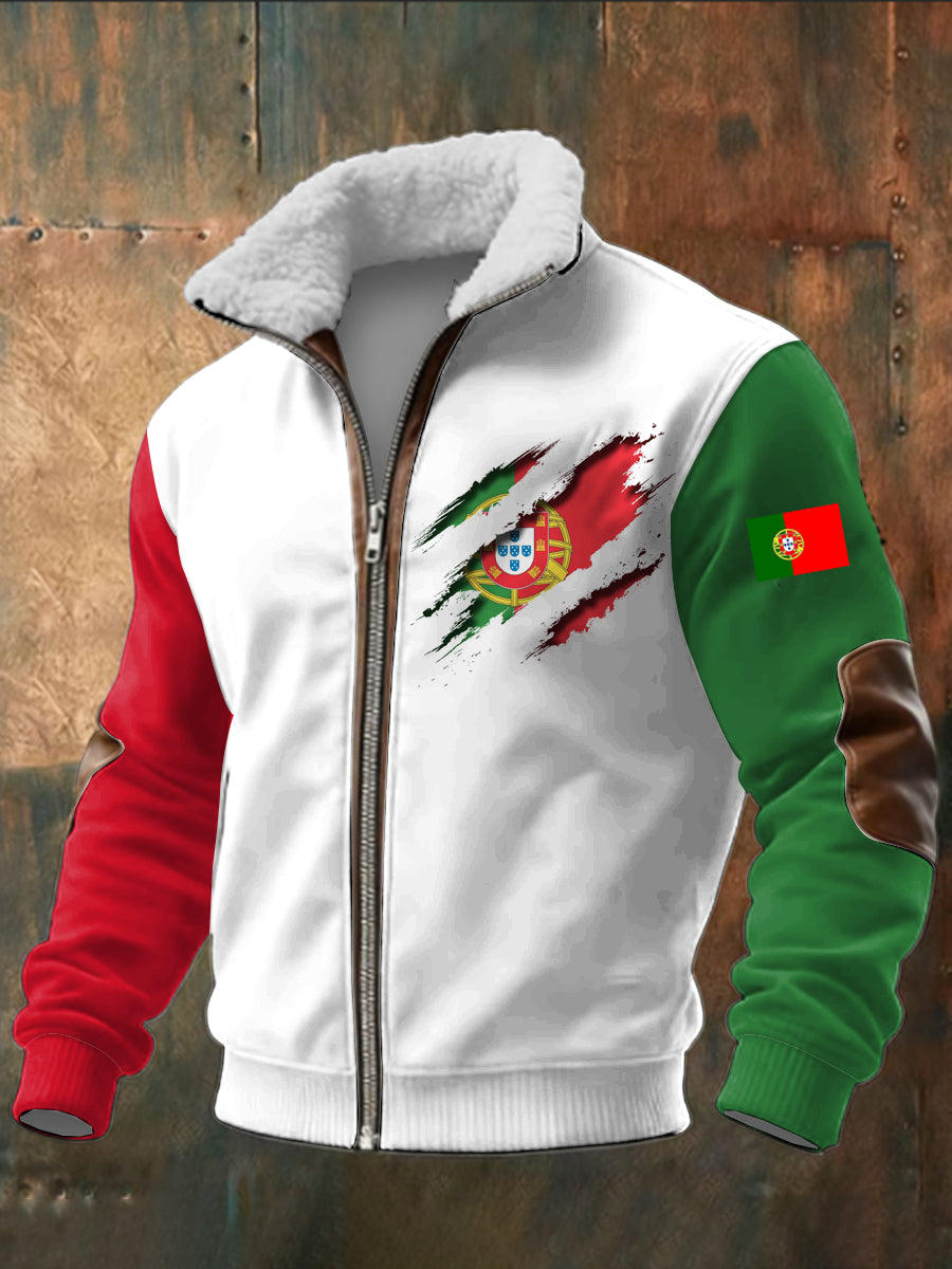 Portugal do homens impresso manga comprida Stand Up Collar Lambhair Zipper Top