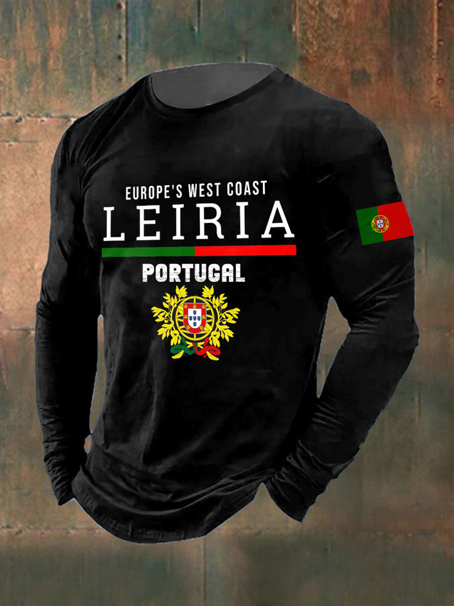 Bandeira portuguesa masculina impressa manga comprida em torno do pescoço t-shirt