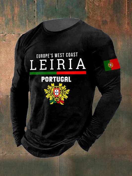 Bandeira portuguesa masculina impressa manga comprida em torno do pescoço t-shirt