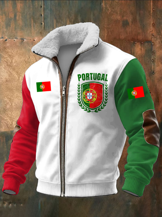 Portugal do homens impresso manga comprida Stand Up Collar Lambhair Zipper Top